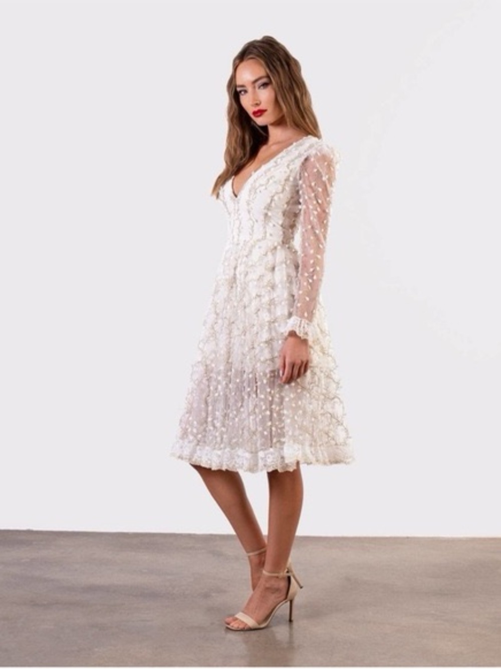 Open-Back Sheer White Midi Dress with Embellished Overlay - Picture 3 of 10